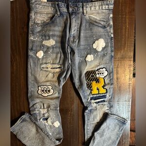 Smoke Rise Distressed Blue Jeans  Graffiti Clouds & Letterman Patches 34x34